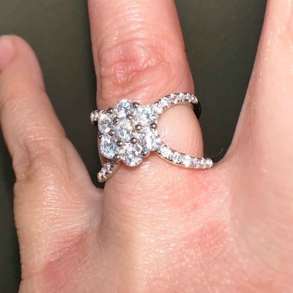 Flower Diamond and Silver Floral Ring, lab diamonds with an open sty…